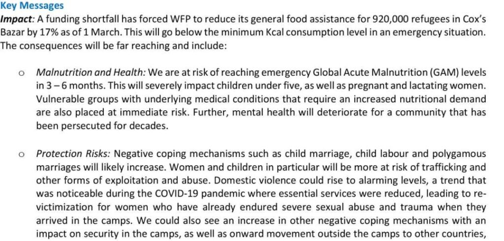 Key Messages: Ration cuts in the Rohingya refugee response: 5 March 2023, Cox’s Bazar